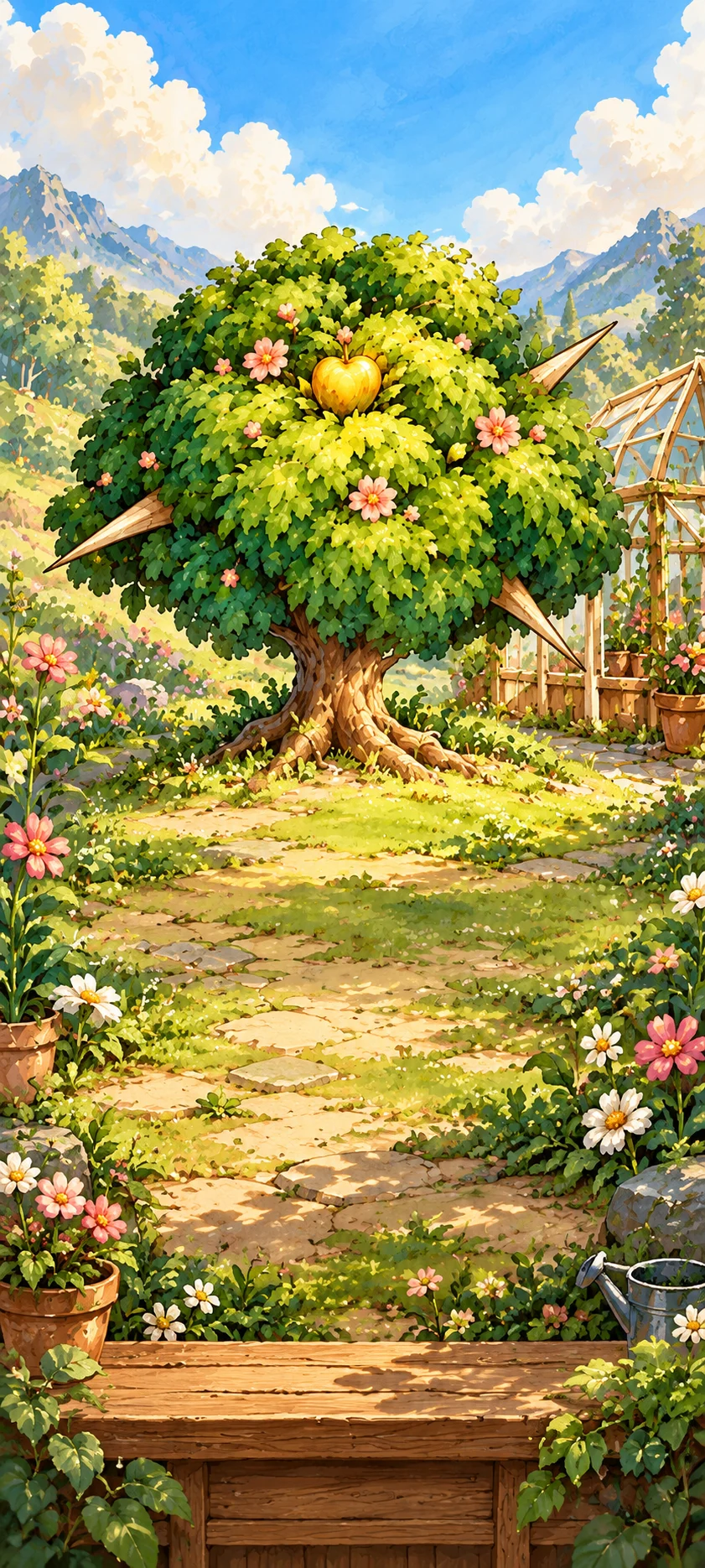 A flowering tree with a golden heart in a sunlit painted garden
